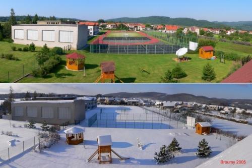 Školní sportovní areál a&nbsp;hřiště mateřské školy v&nbsp;létě a&nbsp;v zimě 2005